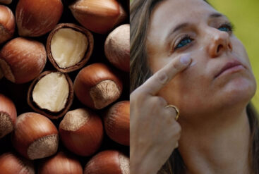 Diptyque d'une femme qui s'applique la crème Matière Brute Lab et des noisettes