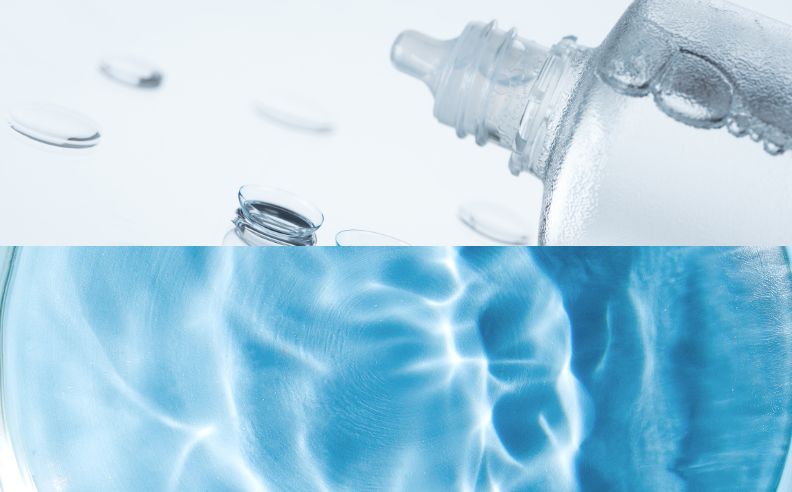 Diptyque d'un flacon d'acide hyaluronique et les reflets lumineux d'un liquide