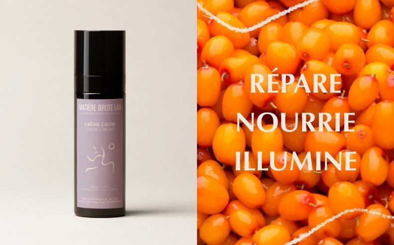 Un diptyque de la crème glow et de la baie d'argousier accompagné de mots clé