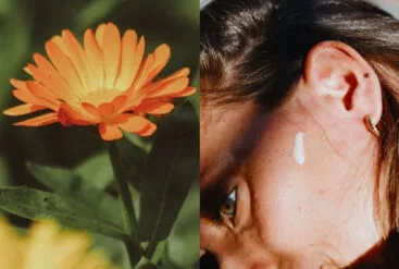 Diptyque du visage d'une femme avec de la crème Matière Brute Lab sur la joue et une fleur de calendula