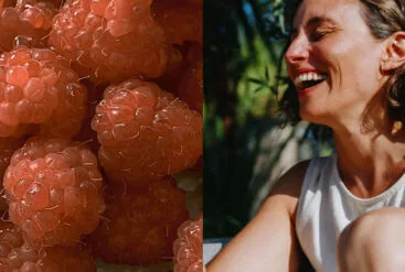 Diptyque du visage radieux d'une femme et de framboises