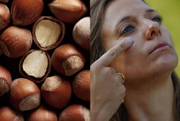 Diptyque d'une femme qui s'applique la crème Matière Brute Lab et des noisettes