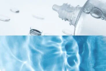 Diptyque d'un flacon d'acide hyaluronique et les reflets lumineux d'un liquide