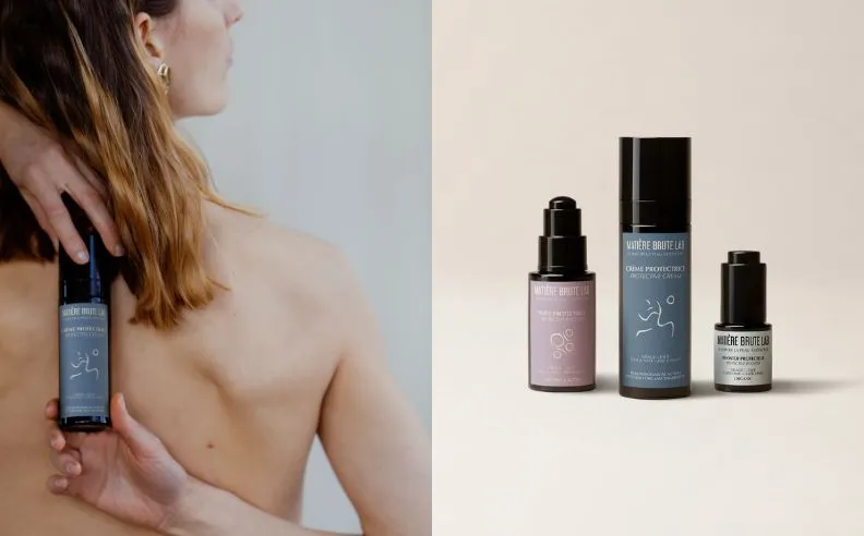 Diptyque d'une femme avec la routine protectrice